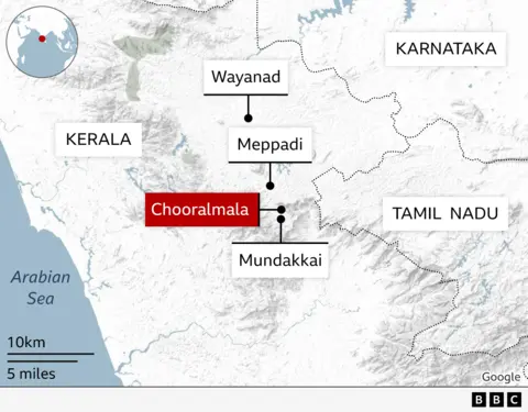 Peta yang menunjukkan lokasi daerah longsor di Wayanad, Kerala