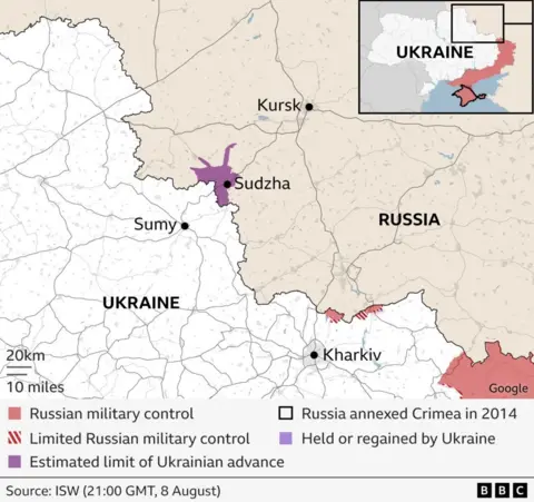 Peta yang menunjukkan perkiraan kemajuan militer Ukraina di wilayah Kursk di Rusia