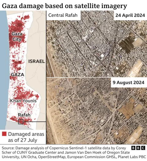 Citra satelit menunjukkan kerusakan bangunan di Rafah antara 24 April hingga 9 Agustus 2024