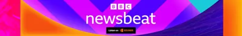 Logo catatan kaki untuk BBC Newsbeat. Ini menampilkan logo BBC dan kata Newsbeat berwarna putih dengan latar belakang bentuk ungu, ungu dan oranye. Kotak hitam terbaca di bawah 