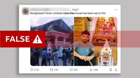 X Postingan X (sebelumnya dikenal sebagai Twitter) adalah gambar pemain kriket Hindu Bangladesh Liton Das dan gambar lain dari sebuah rumah yang terbakar. Postingan tersebut secara keliru mengklaim sebagai rumahnya.