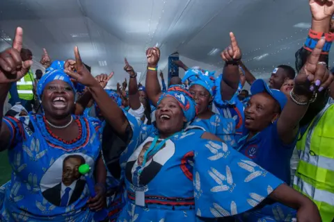 AMOS GUMULIRA / AFP Pendukung dan delegasi Partai menari pada hari pembukaan konvensi elektif Partai Progresif Demokrat di Blantyre. Mereka mengenakan pakaian berwarna biru.