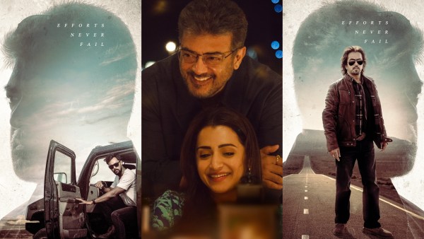 Poster Vidaamuyarchi yang menampilkan Ajith, Arav, Arjun, dan Trisha