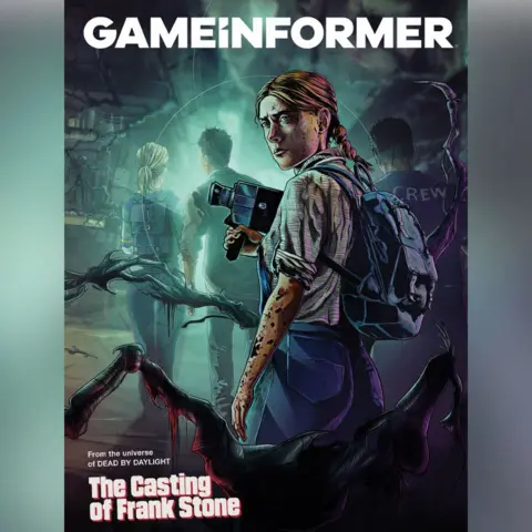 Game Informer Sampul Game Informer - Judul majalah ditulis dengan huruf kapital di bagian atas halaman. Gambar sampul kartun yang menggambarkan seorang wanita muda memegang kamera video kuno dan dengan gugup menoleh ke belakang saat tiga pria berjalan di depannya. Di bawah ini adalah kata-katanya 