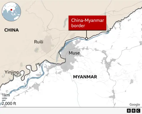 Peta perbatasan Tiongkok-Myanmar ditandai dengan Ruili 