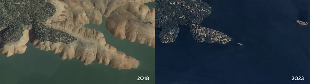 Danau Oroville pernah mengalami tingkat penipisan air yang mengkhawatirkan (2018). Pada tahun 2023, hujan berturut-turut secara bertahap memenuhi waduk hingga kapasitas maksimumnya.