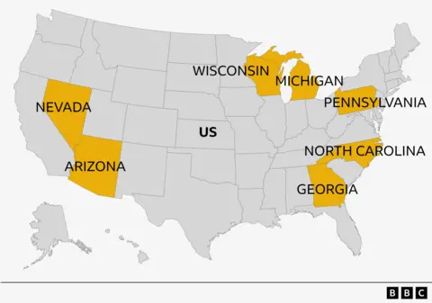 Peta BBC Amerika Serikat dengan tanda Arizona, Georgia, Michigan, Nevada, North Carolina, Pennsylvania, dan Wisconsin