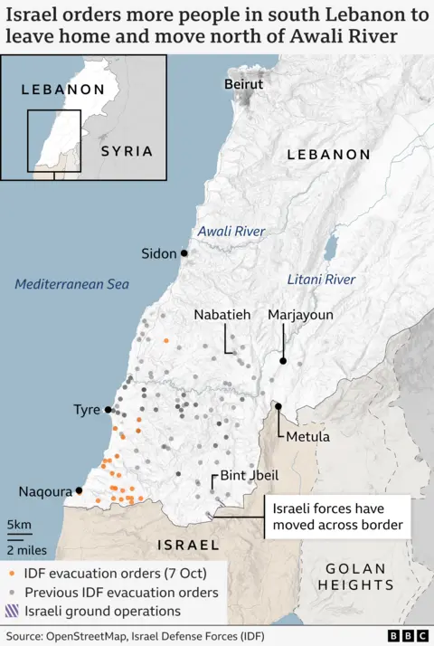 Peta yang menunjukkan perintah evakuasi Israel di Lebanon selatan