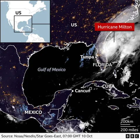 Gambar satelit BBC beranotasi menunjukkan lokasi Badai Milton di negara bagian Florida, AS. Lokasi yang terlihat termasuk Tampa, serta negara-negara Meksiko dan Kuba