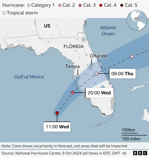 Jalur pelacakan peta BBC yang dianotasi dari Badai Milton menuju Florida. Dalam grafik tersebut, terlihat badai bergerak dari Teluk Meksiko menuju Florida, melewati Tampa setelah pukul 02:00 pada hari Kamis dan melewati Orlando pada pukul 14:00 pada hari yang sama.