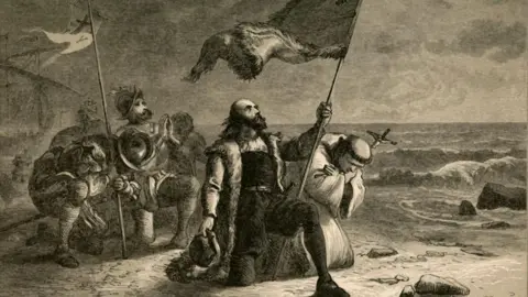 Getty Images Pendaratan Columbus, (1877). Kedatangan Christopher Columbus di Amerika, 1492