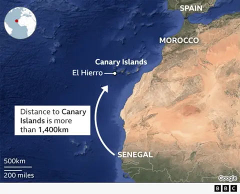 Peta Afrika Barat menunjukkan perjalanan migrasi dari Senegal ke Kepulauan Canary