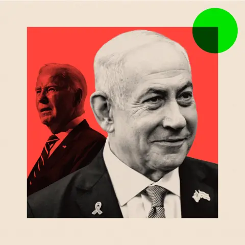 Perlakuan BBC menunjukkan Benjamin Netanyahu di latar depan dan Joe Biden di latar belakang