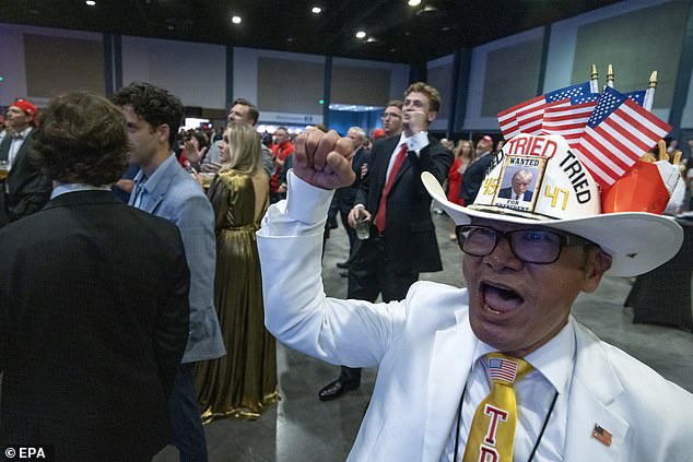 Pendukung mantan presiden AS dan calon presiden dari Partai Republik Donald Trump menunggu hasil pemilu presiden AS 2024 saat pesta jaga malam pemilu di West Palm Beach Convention Center