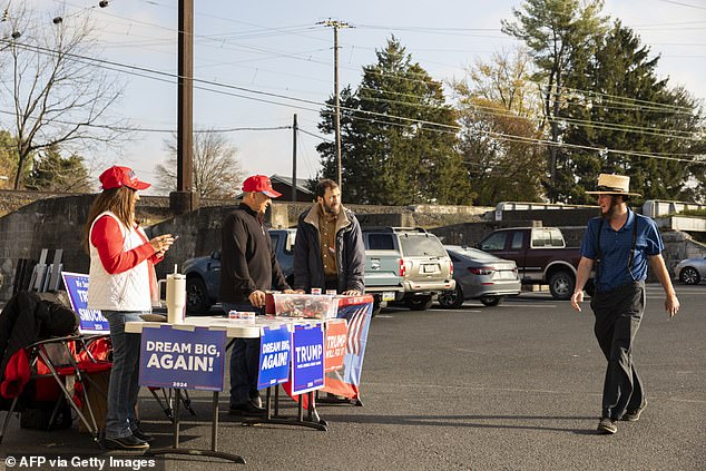 Seorang pria Amish melewati pendukung mantan Presiden AS dan calon presiden dari Partai Republik Donald Trump saat ia mendekati tempat pemungutan suara di Stasiun Pemadam Kebakaran Ronks di Ronks, PA