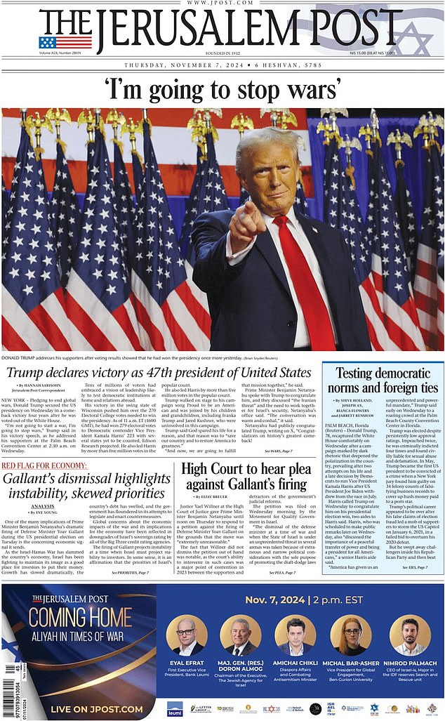 ISRAEL: Dalam headline-nya, The Jerusalem Post mengutip klaim Trump bahwa ia akan 'menghentikan perang' pada masa jabatan keduanya sebagai presiden