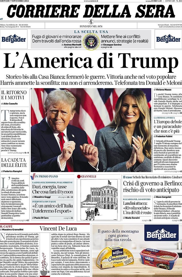 ITALIA: Judul utama Corriere della Sera berbunyi: 'Trump's America' atau 'Trump's America'