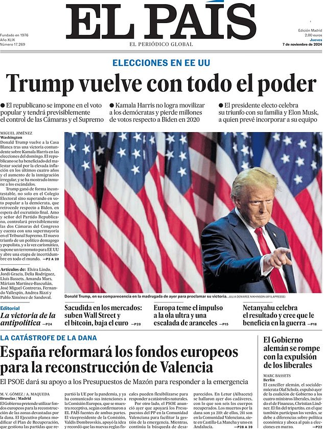 SPANYOL: Surat kabar terbesar di Spanyol, El Pais, berfokus pada penguatan mandat Trump sejak tahun 2016, dengan Partai Republik kini memiliki mayoritas di majelis dan Mahkamah Agung