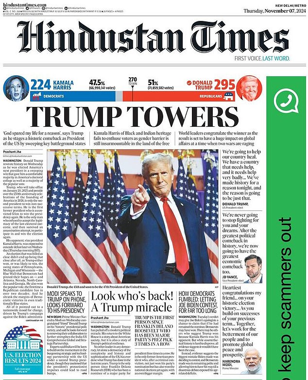 INDIA: Hindustan Times menjadikan 'Trump Towers' sebagai berita utama, dan cerita kedua memberi label 'A Trump Miracle'