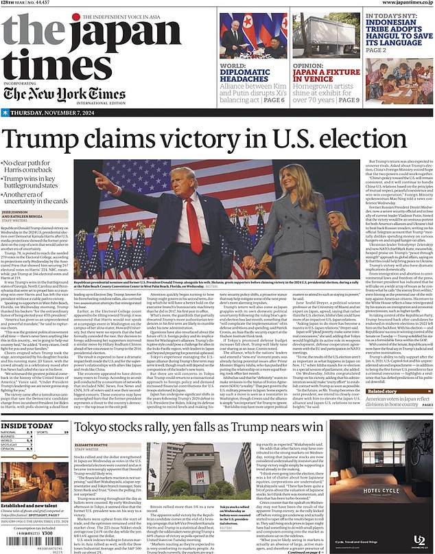 JEPANG: The Japan Times memuat judul 'Trump mengklaim kemenangan pemilu AS', dengan subjudul yang menyatakan bahwa ini berarti 'era ketidakpastian lainnya akan segera terjadi'