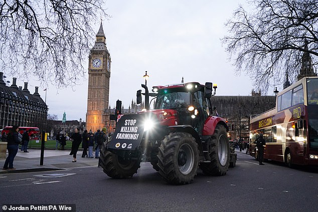 Protes “lambat” dengan traktor di Lapangan Parlemen pada bulan Maret untuk meningkatkan kesadaran akan perjuangan industri pertanian Inggris yang membahayakan ketahanan pangan