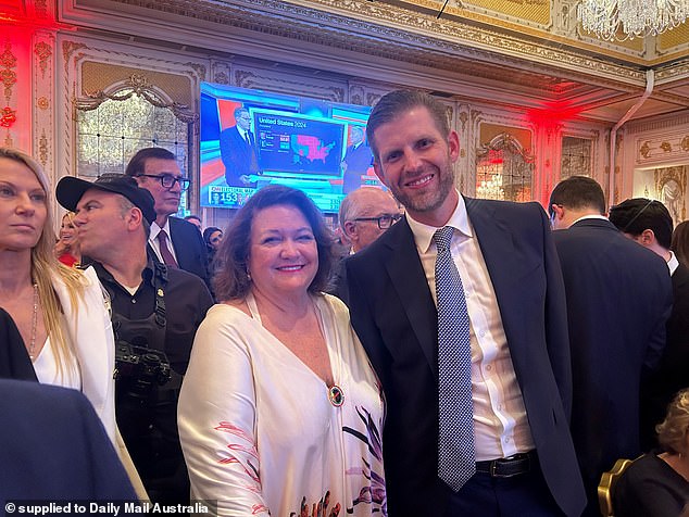 Belakangan, Gine Rinehart difoto sedang bergesekan dengan putra Donald Trump, Eric (kanan)