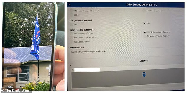 Gambar yang juga diperoleh kendaraan dari sistem yang digunakan untuk mendokumentasikan rumah-rumah yang dikunjungi menunjukkan catatan di kiri yang berbunyi: 'Tanda Trump, tidak ada kontak oleh pimpinan'