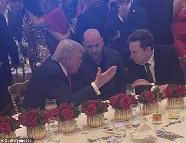 Donald Trump terlihat mengobrol dengan Elon Musk dan Dana White di pesta malam pemilihan Mar-a-Lago pada hari Selasa. Musk dan White diperkirakan akan menerima peran dalam kabinetnya