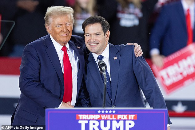 Donald Trump menyapa Senator Marco Rubio, Partai Republik Florida, saat kampanye di JS Dorton Arena di Raleigh, North Carolina, pada 4 November 2024