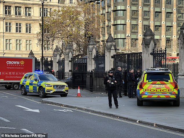 Mobil polisi terlihat diparkir di luar Carriage Gates - salah satu pintu masuk paling menonjol ke Istana Westminster