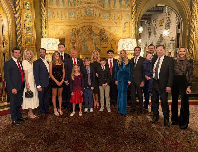 Elon Musk (kedua dari kanan) muncul di foto keluarga Trump pada malam pemilihan saat keluarga, teman, dan sekutu politik berkumpul di Mar-a-Lago