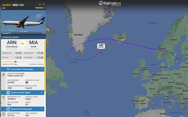 Penerbangan Scandinavian Airlines lepas landas dari Stockholm pada pukul 12:55 dan seharusnya mendarat di Miami pada pukul 17:45 waktu setempat, namun memutuskan untuk kembali ke Eropa setelah mencapai pantai timur AS.